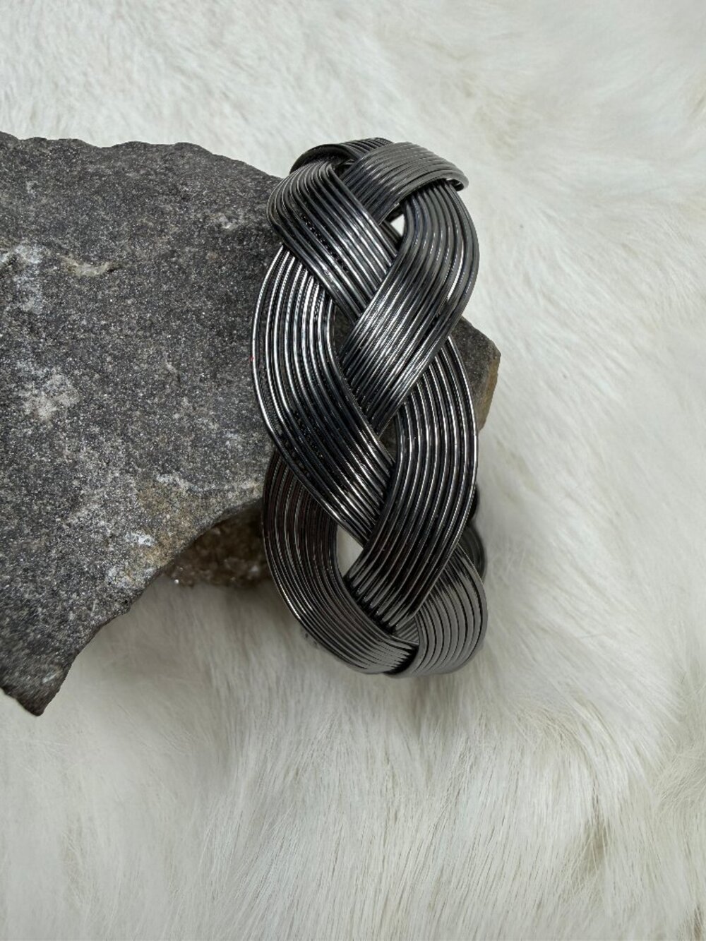 Gray Woven Metal Braided Bracelet Cuff 6"